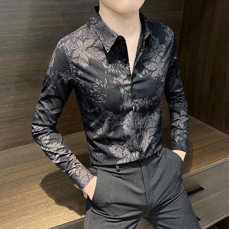 轻奢重磅高级感痞帅衬衫男2025新款春秋季设计感印花休闲修身衬衣