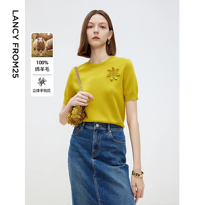 「欧若智性风」朗姿纯羊毛短袖针织衫立体花气质高级上衣2025年春季