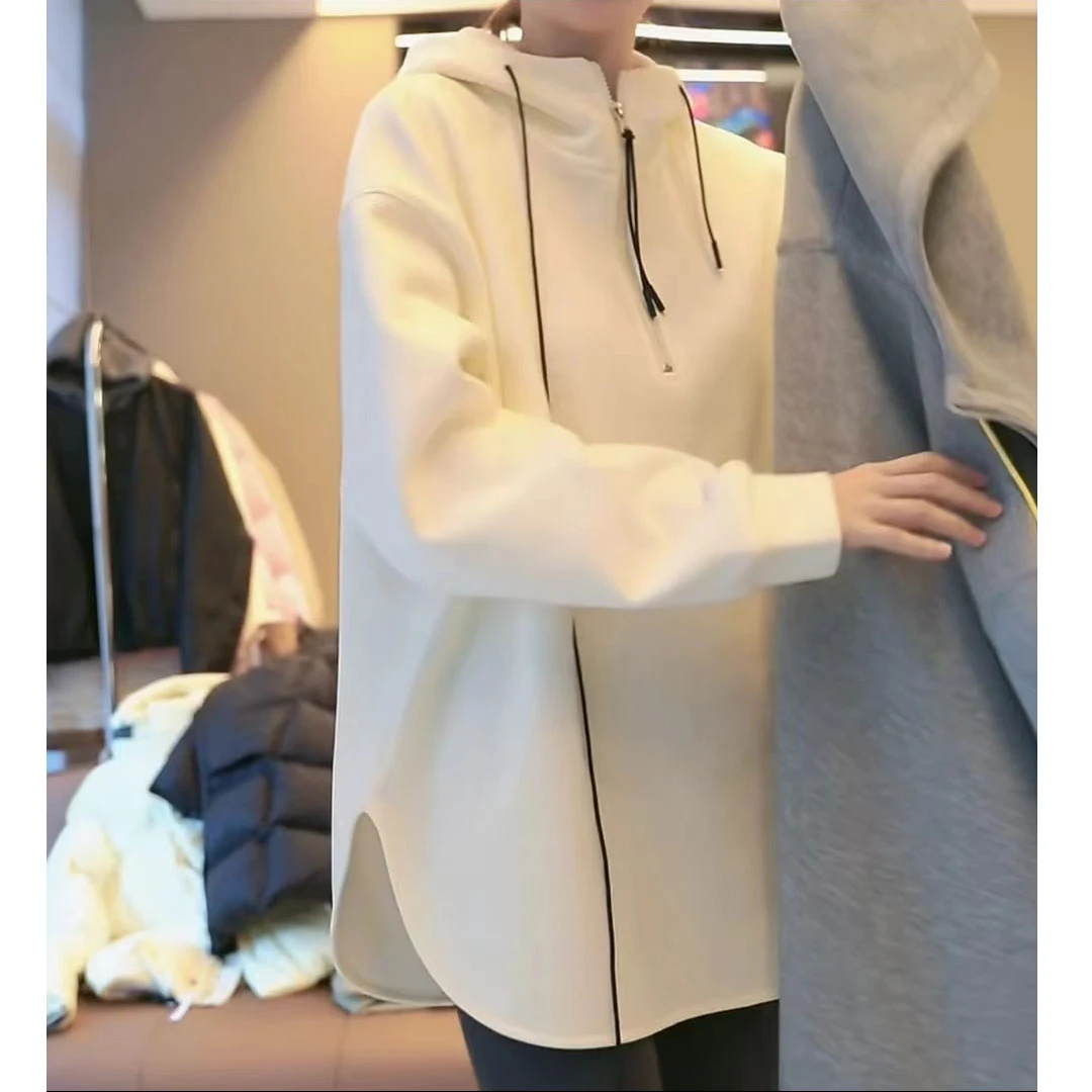 设计感半拉链加绒加厚连帽卫衣女冬季2025新款保暖休闲宽松上衣