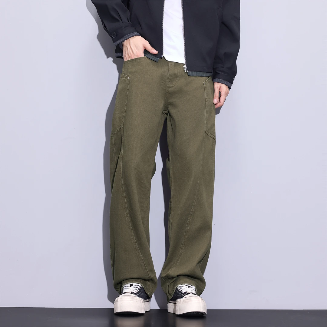 Kuvine2025秋季宽松直筒高街拼接潮流休闲工装美式弯刀牛仔裤男款