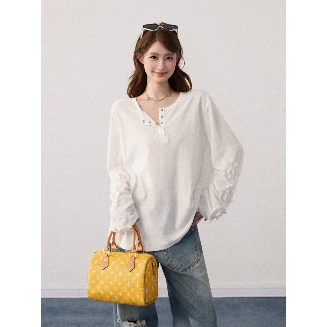 【谢不肉】纯色钩花半开领轻薄长袖T恤女秋宽松韩版休闲上衣50214