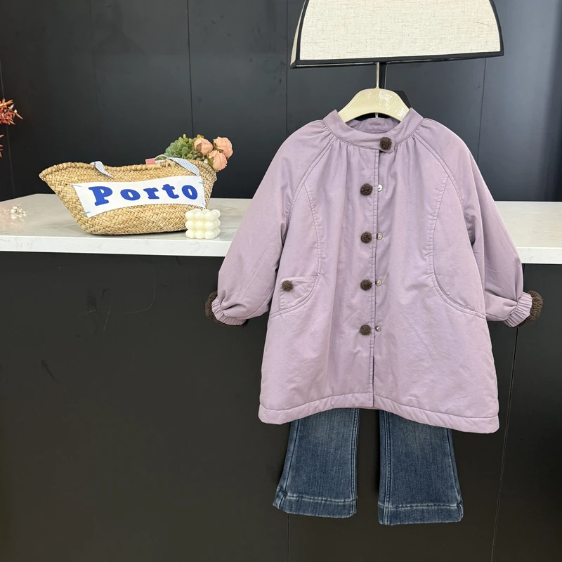 leomama女童秋冬季洋气中长款紫色棉服儿童加绒加厚保暖棉衣外套