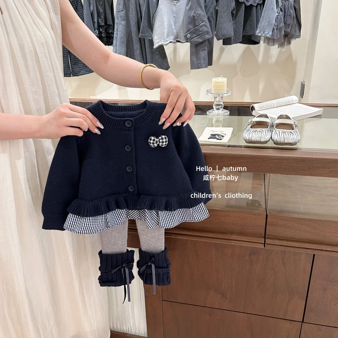【咸柠七】原创！女童韩系秋冬学院风格子毛衣针织衫百搭打底裤套装
