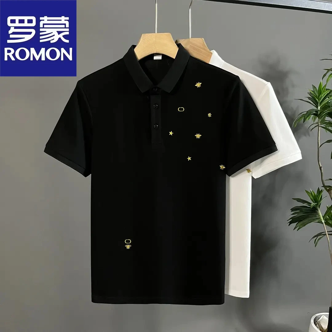 Romon/罗蒙夏季珠地棉男士短袖Polo衫潮流刺绣小蜜蜂轻奢百搭修身
