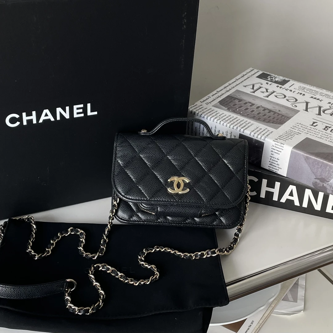 95新 Chanel/香奈儿 Azul-22B黑金荔枝皮mini邮差包39422