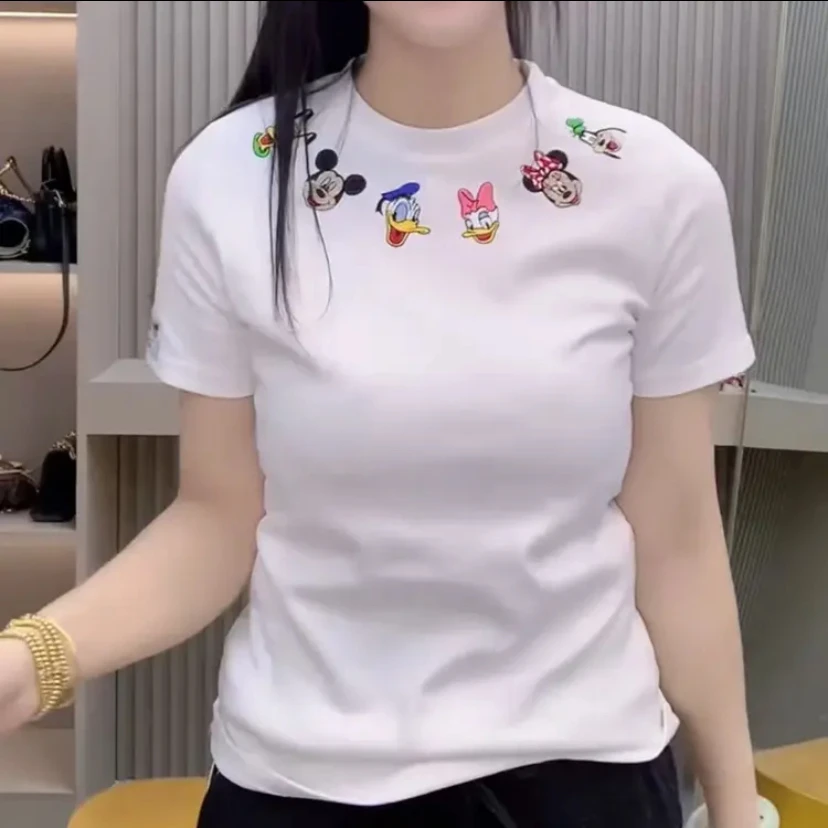 欧货2025春季新款卡通图案刺绣拼接短袖t恤女时尚洋气百搭上衣潮