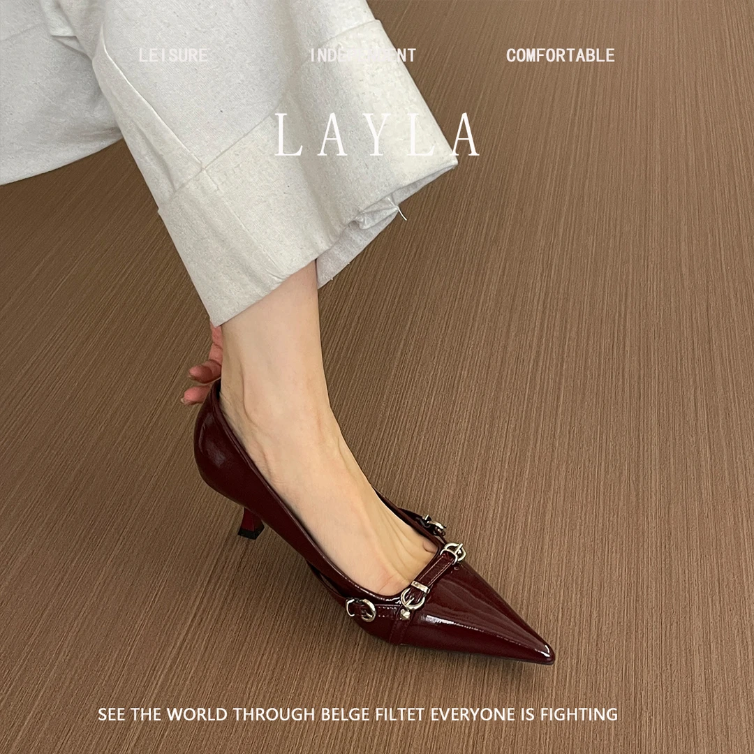 法式高级感细跟尖头鞋女不累脚春秋配裙子红色子2025新款单鞋女鞋