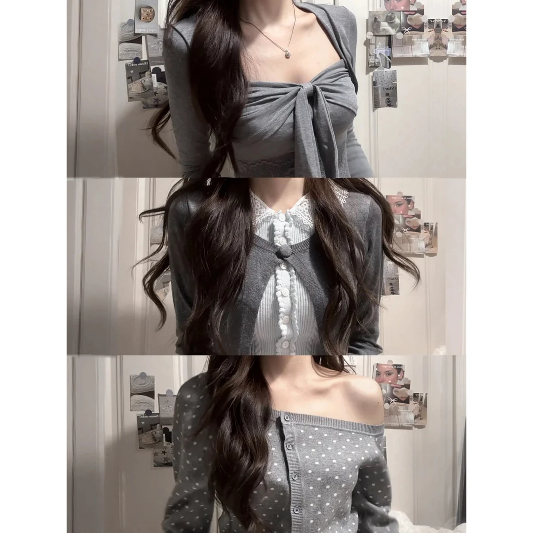 系带蝴蝶结长袖T恤方领上衣假两件针织开衫波点开衫毛衣长袖上衣