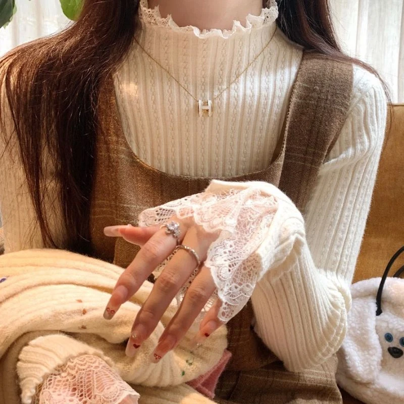 法式白色针织衫拼接蕾丝皮草内搭女秋冬显瘦半高领毛衣打底衫上衣