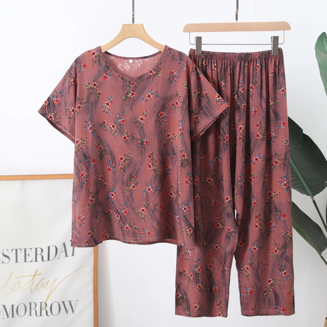 家居服碎花家居服套装老年印花薄款睡衣大码短袖男士中老年休闲