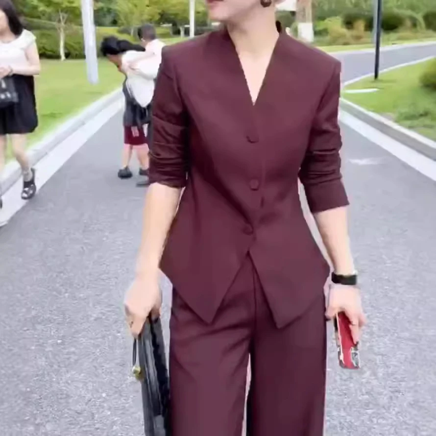 新款V领修身西服外套高腰长裤干练套装职业女洋气秋季