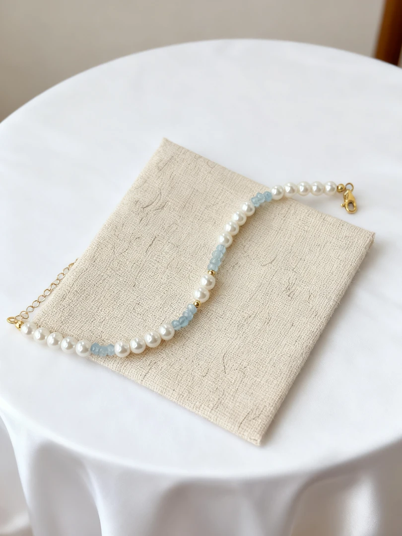 合金仿水晶手链 {海梦} 海蓝宝珍珠手链原创气质百搭时尚设计感