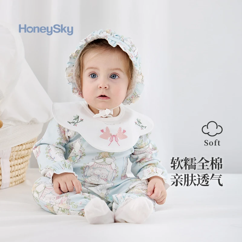 哈尼天空婴儿连体衣春秋款纯棉新生儿衣服斜襟护肚宝宝哈衣爬服