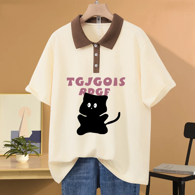 大码oversize宽松POLO领纯棉短袖t恤女装休闲百搭显瘦遮肚上衣服