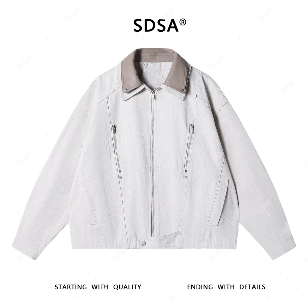 SDSA秋冬新款男士痞帅美式拼接撞色翻领拉链外套时尚多口袋夹克