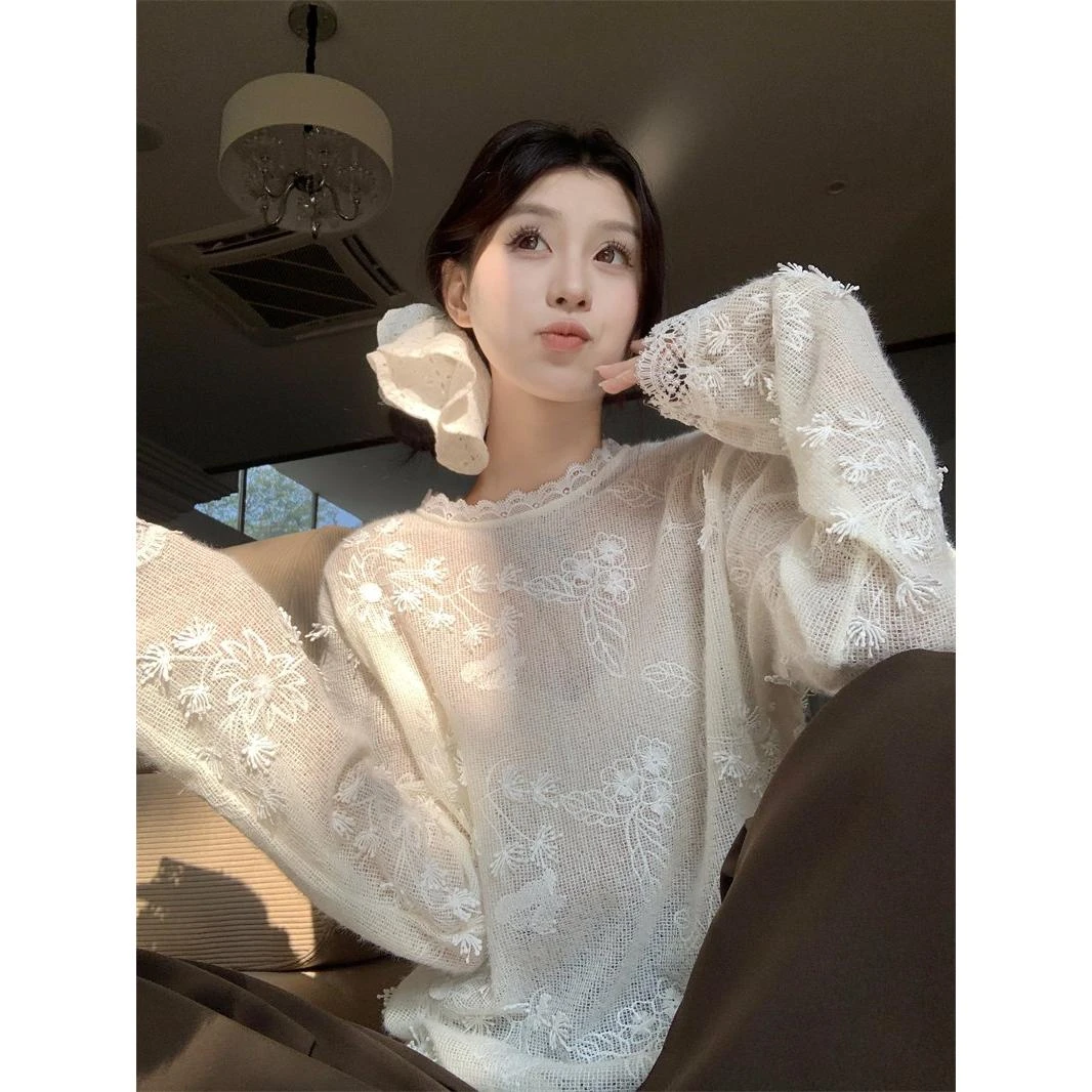 【哈尼专属】新中式重工刺绣蝴蝶蕾丝针织衫上衣小众内搭打底