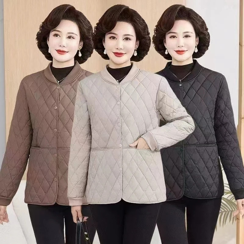 螺纹菱格休闲宽松棉服棉衣洋气冬季新款妈妈轻薄外套棉袄