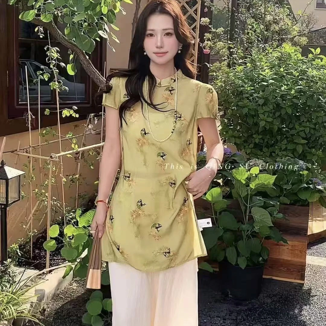 胖胖家*5765衬衫女夏季新款高级感宽松气质旗袍上衣套装