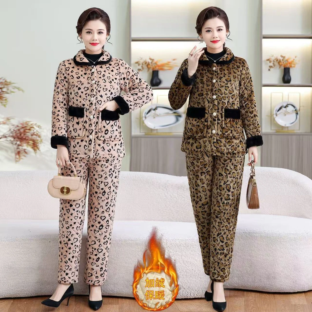 中年冬季女豹纹翻领保暖格子睡衣金丝碎花显瘦    套装