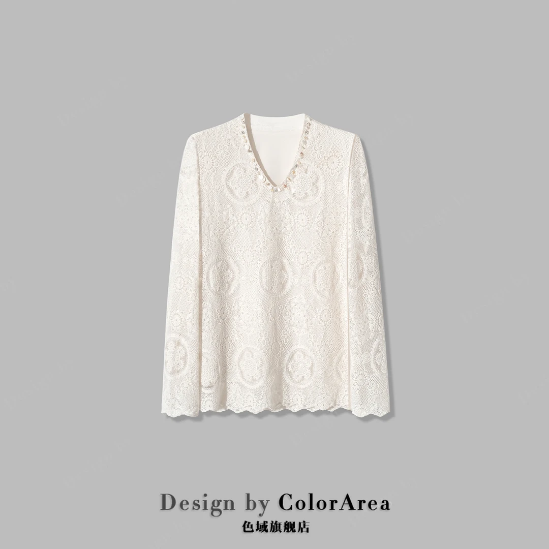 ColorArea/色域~清仓~设计感长袖V领减龄百搭珠片镂空刺绣上衣
