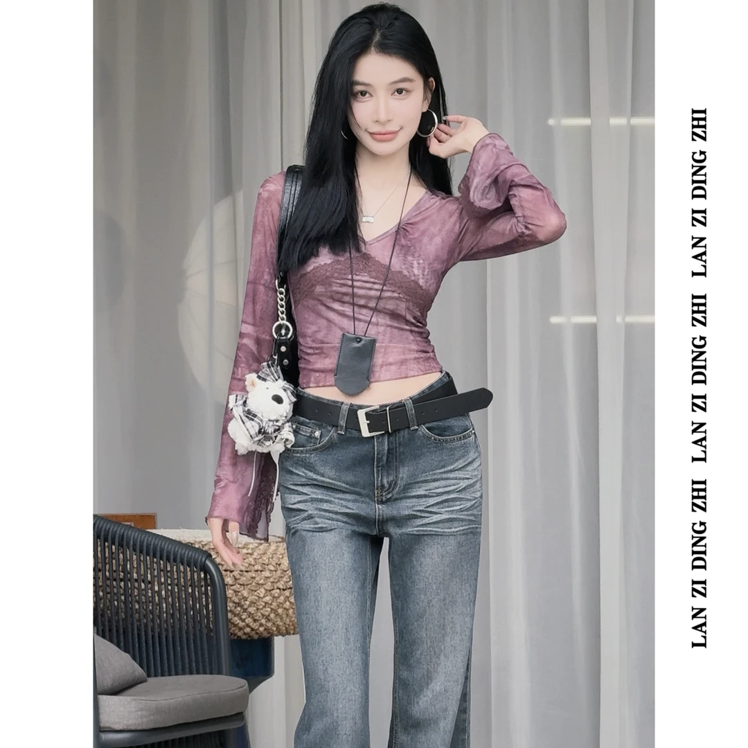 「静夜与思」性感V领蕾丝长袖T恤修身显瘦气质内搭打底衫上衣