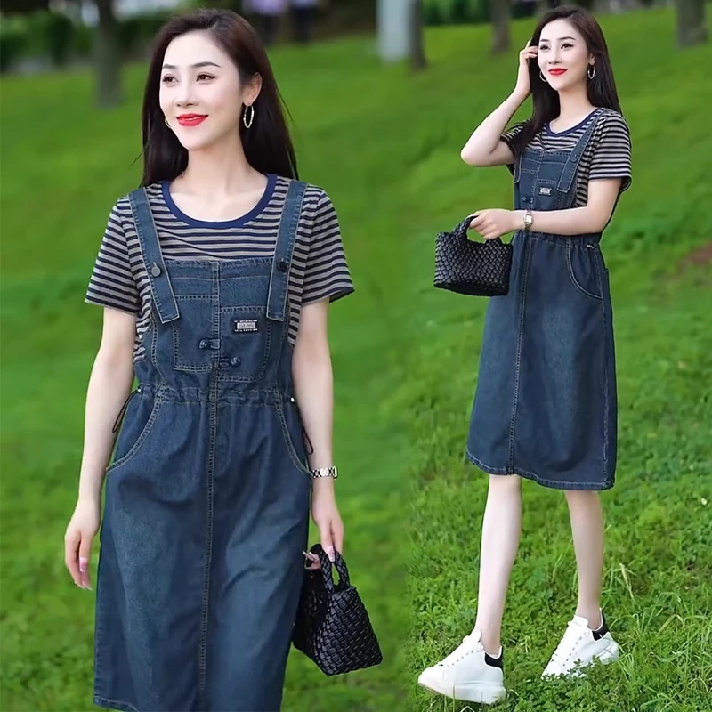 拉夏贝尔牛仔背带裙女2025年夏季新款洋气收腰显个子时尚休闲套装