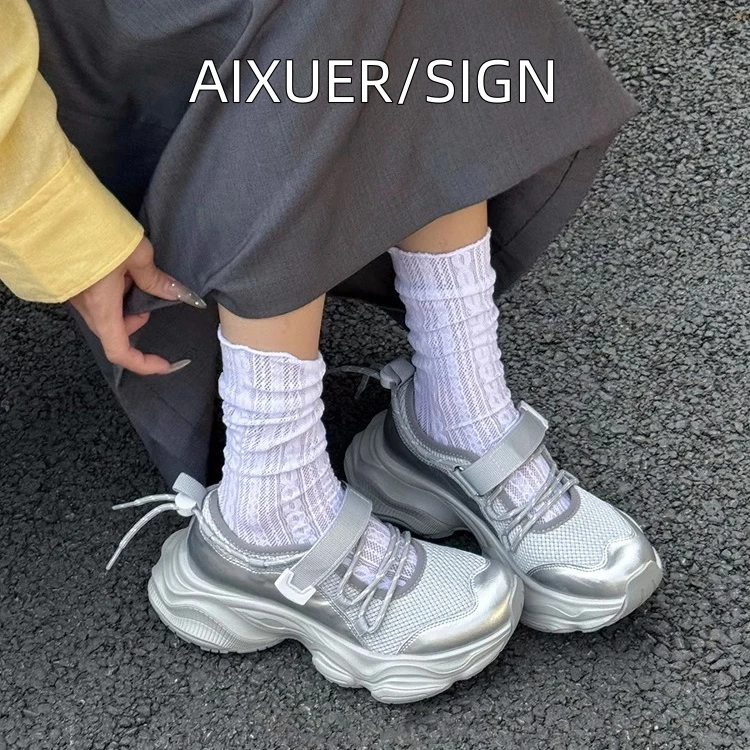 透气厚底老爹鞋女2025夏新款网面镂空薄款玛丽珍魔术贴休闲运动鞋