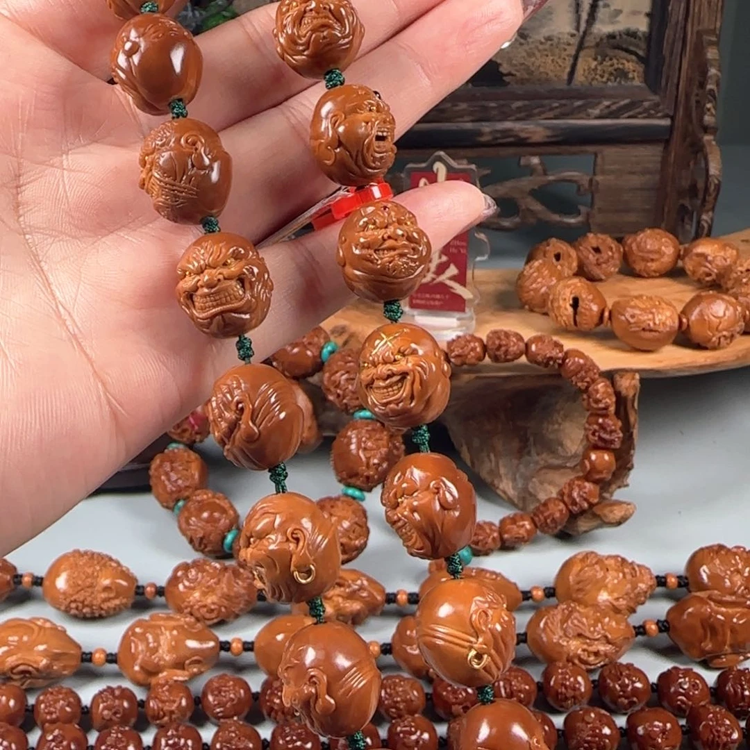 橄榄核手串/手链宽1.5小籽鸡血红梅林核镶嵌全家福佛爷恶僧