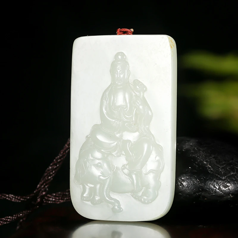 新疆和田玉黄皮白玉籽玉玉牌 普贤骑象 64.4克