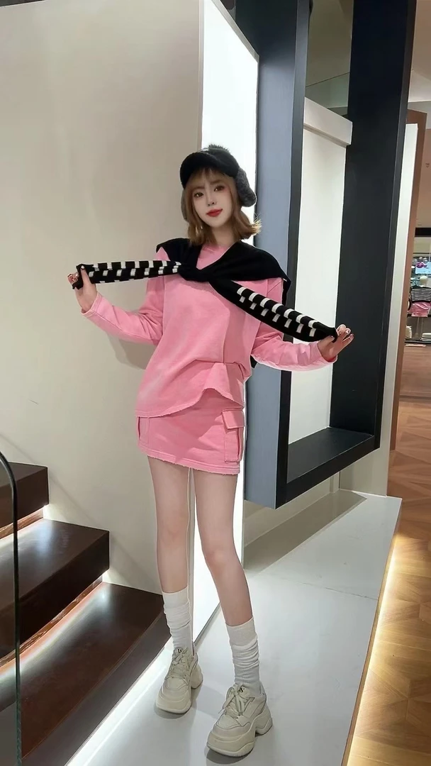 RE'VANREVAN粉红色半裙套装时尚休闲简约潮流韩版显瘦长袖百搭