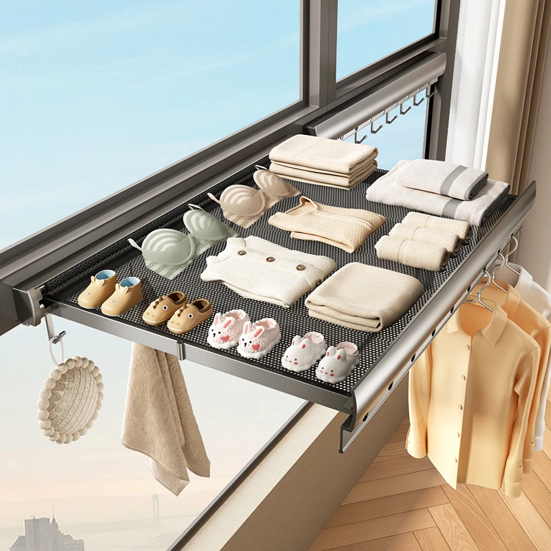 太空铝隐形折叠晾衣架阳台晒鞋架晾衣杆伸缩免打孔晾衣神器晒袜子