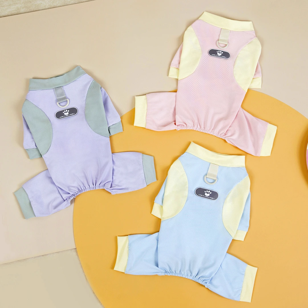 宠物春夏装狗狗衣服薄款冰丝网眼居家服泰迪比熊博美可牵引四脚衣