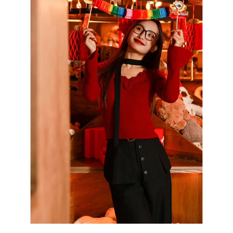 西町村屋气质手工钩花针织衫女装春季新款复古修身小衫XAAA10073