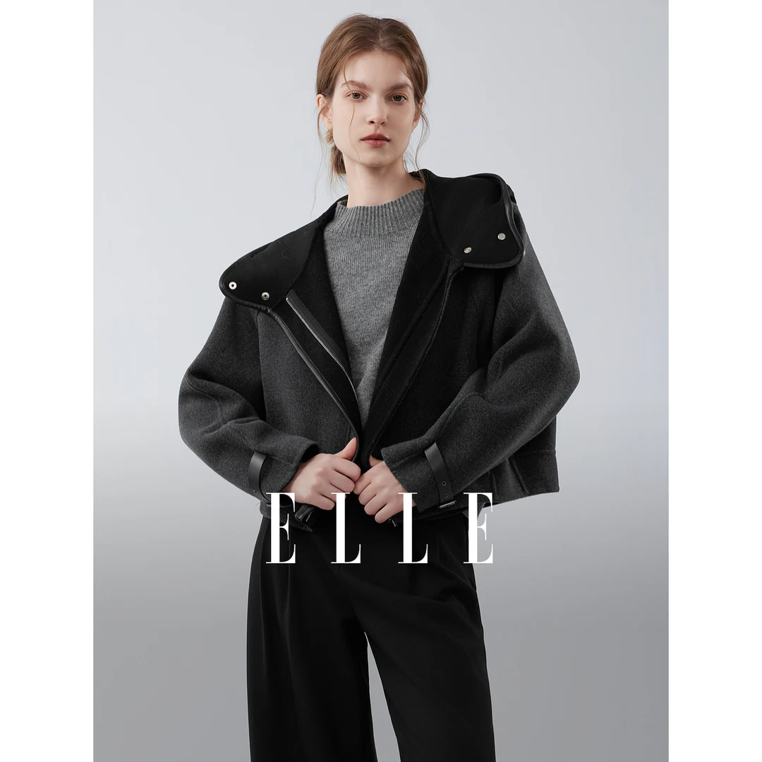 ELLE女装连帽羊绒双面呢大衣2025冬季新款气质毛呢短外套EN52094