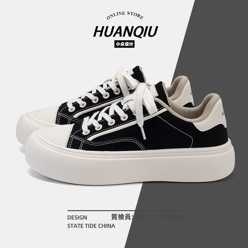 环球黑色帆布鞋子男夏季2025爆款透气休闲板鞋推荐青少年运动男鞋