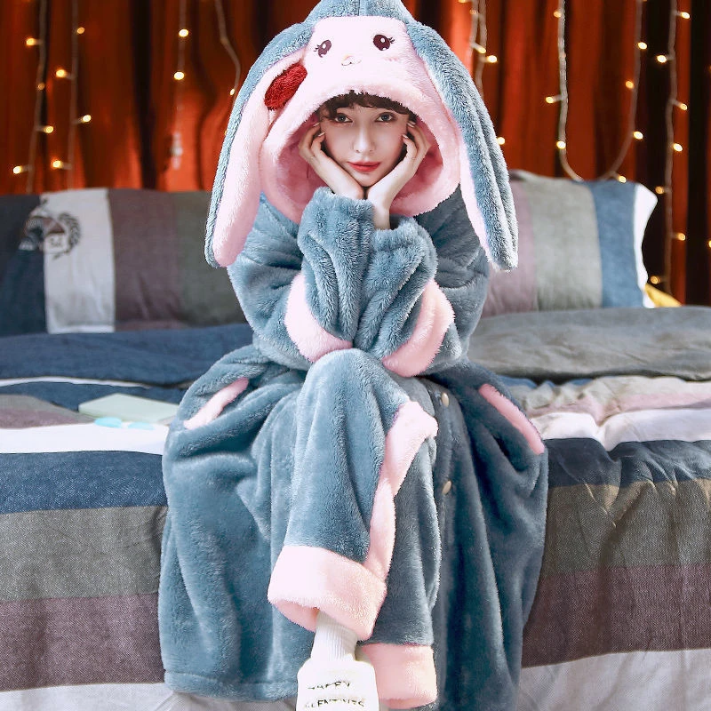 女睡袍长款学生女士厚款长袖加绒卡通动漫冬季大码