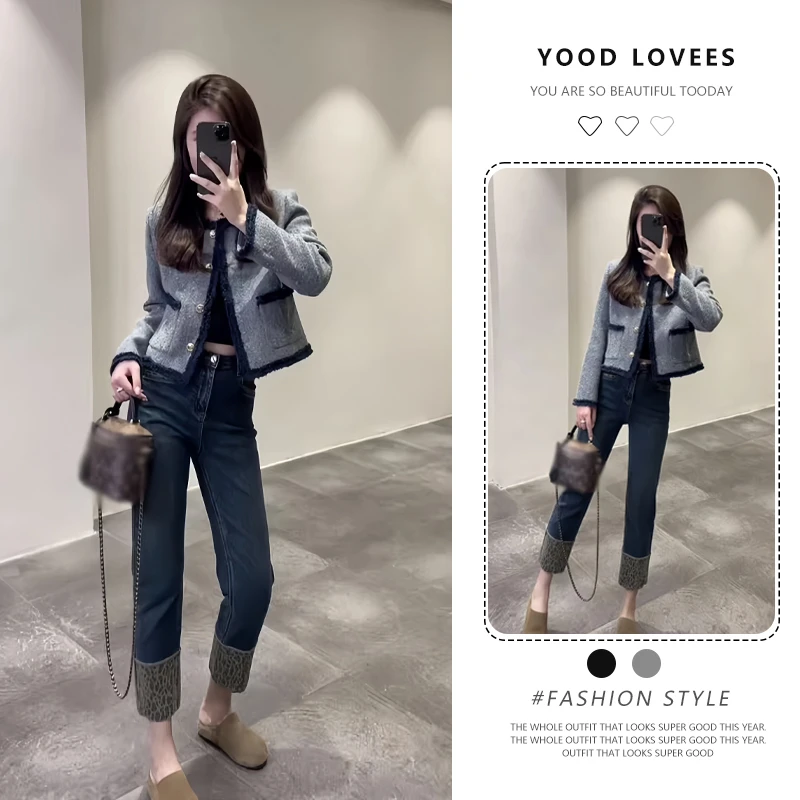 初秋新款韩系气质高端小香风短款上衣高级感独特超好看蓝色外套女