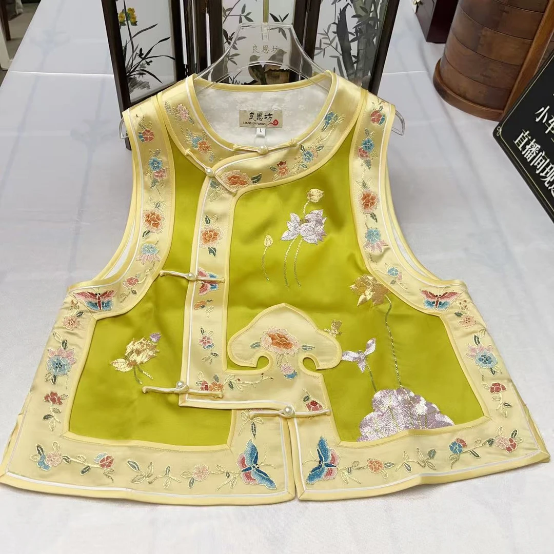 良恩坊新中式国风复古气质日常女士桑蚕丝偏襟无袖四季款苏绣马甲