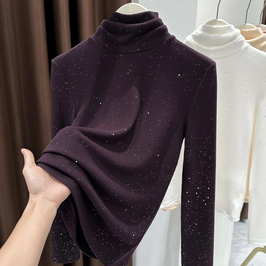 紫色休闲风澳绒打底衫女秋冬新款洋气堆堆领保暖T恤软糯加厚上衣