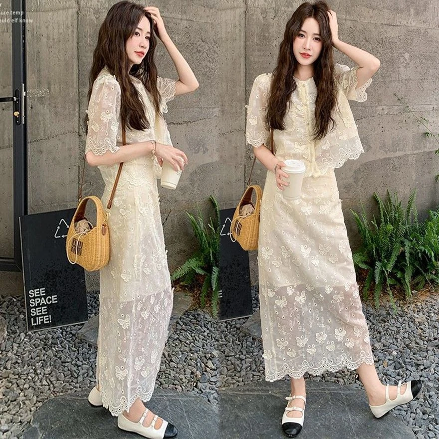 白色立体蝴蝶套装裙女夏季2025新款高端精致蕾丝小衫半身裙两件套