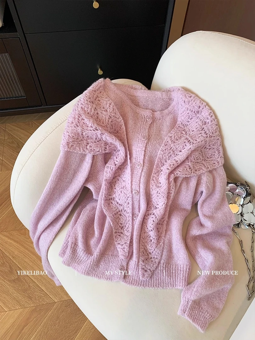 小香风紫色披肩针织开衫女2025秋季新款法式温柔气质百搭软糯毛衣