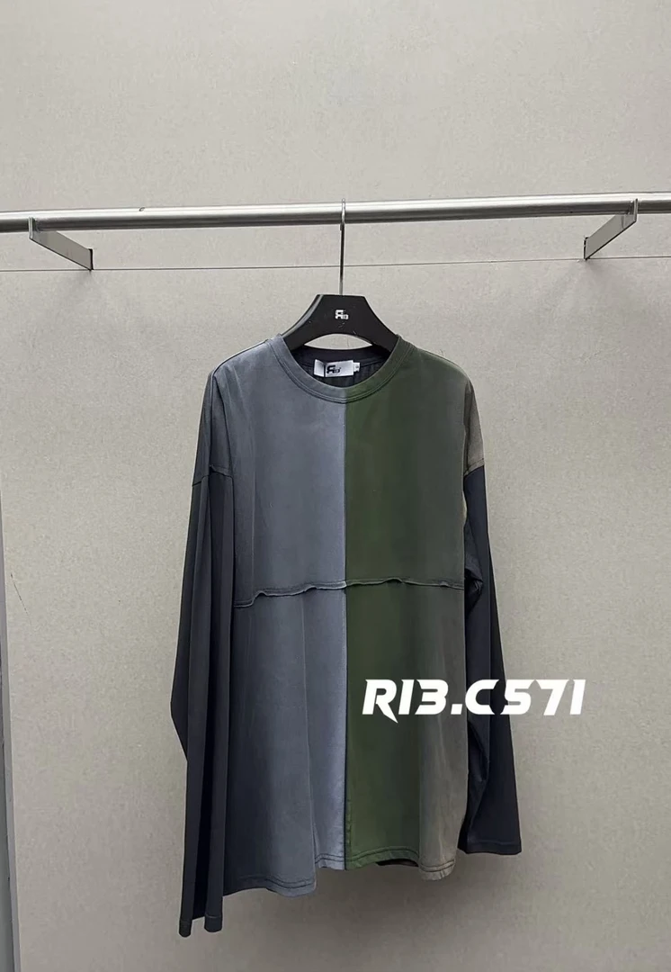 福秒-拼色喷绘的！圆领薄款长袖宽松T（13R8188#）R13