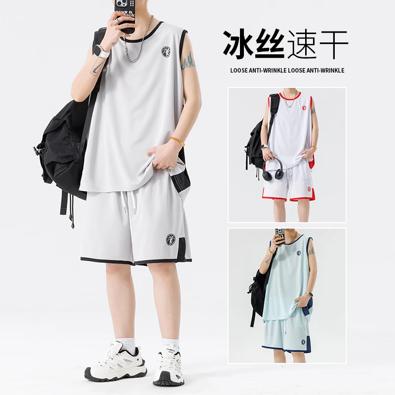 MTVO迈特优无袖t恤男士夏季冰丝短袖背心短裤两件套休闲运动套装.