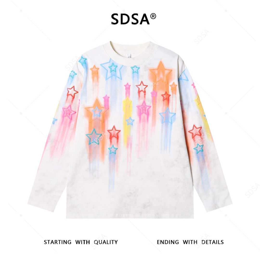 秋季高级感新款男士韩系满天星彩色星星印花长袖T恤街头宽松上衣