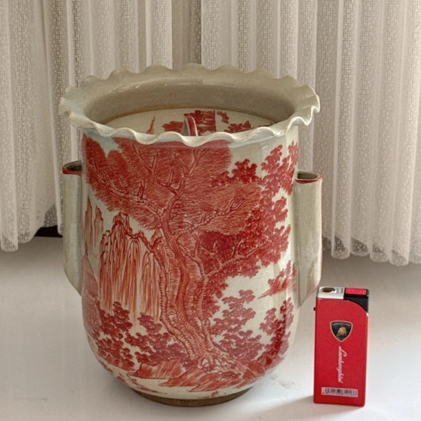 初代竹泉画，仁清本手造，罕见双名家联手作品赤绘水指茶叶罐原盒