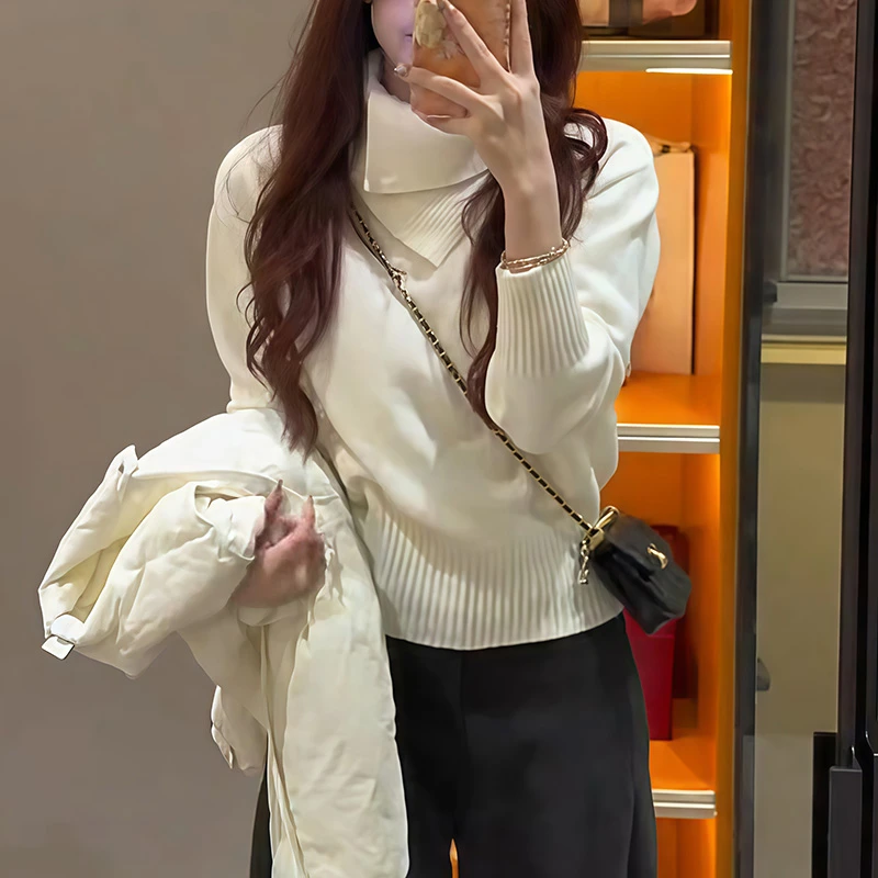 2025秋冬新款法式不规则翻领加厚毛衣女装百搭宽松显瘦针织衫上衣