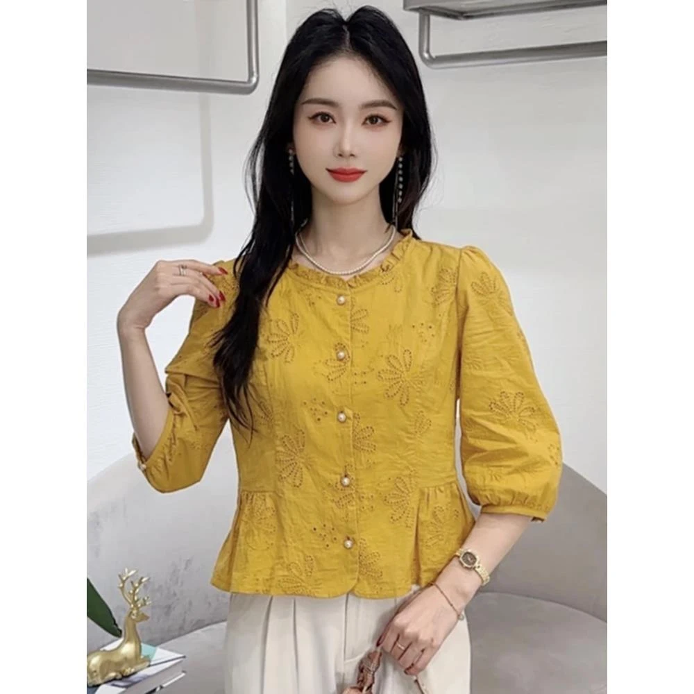 A8703法式花边圆领衬衫女早秋新款洋气减龄显瘦百搭上衣