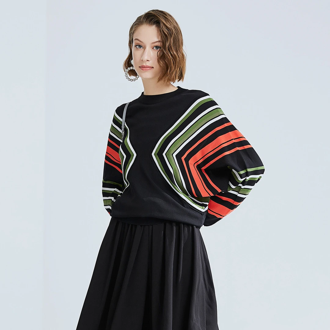 【籽言专属】时尚撞色条纹针织衫女秋季百搭圆领蝙蝠袖宽松套头衫
