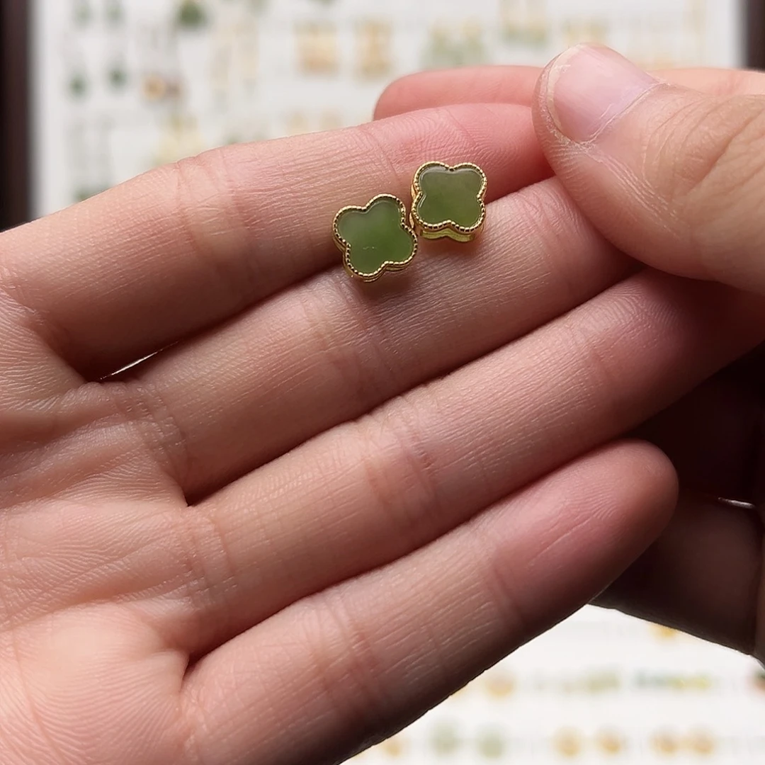 银S925镀金镶嵌和田玉耳饰