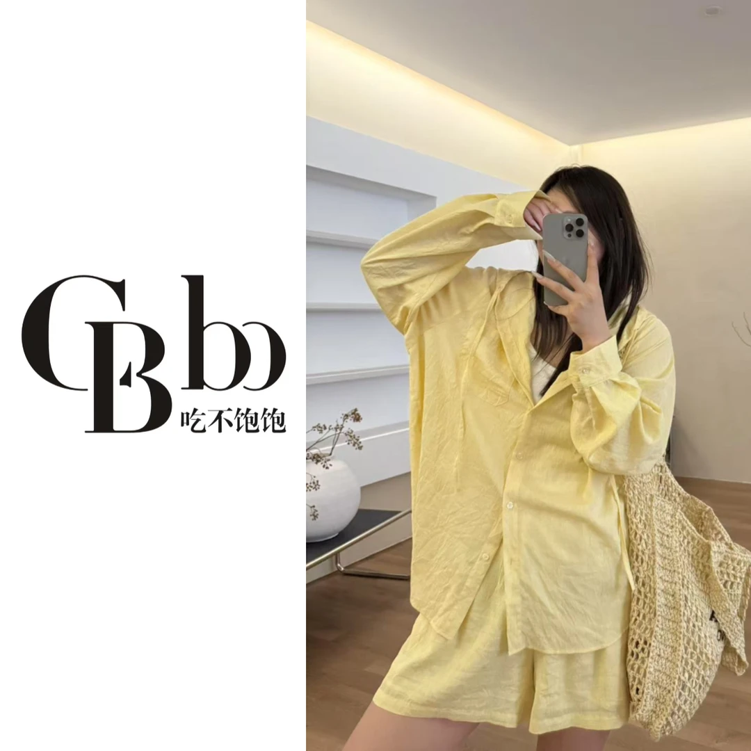 【吃不饱饱】大码 多巴胺色系休闲连帽衬衫短裤套装两件套1426